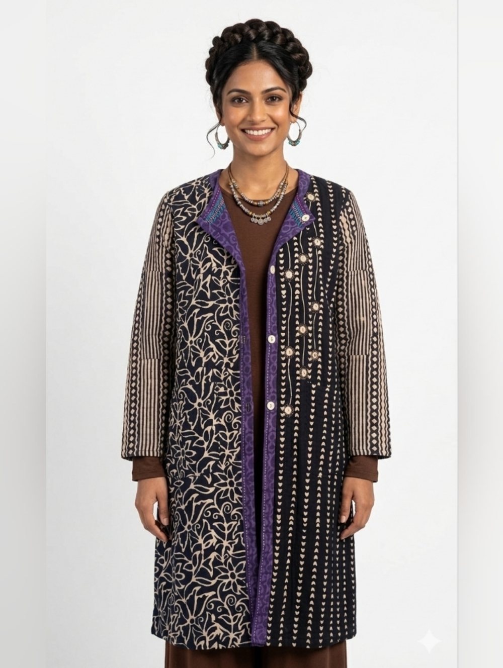 Boho Reversible Ethnic Embroidery Block Print Cotton Kantha Duster Shirt Coat